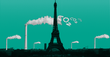 The Eiffel Tower surrounded by smokestacks on a green background.