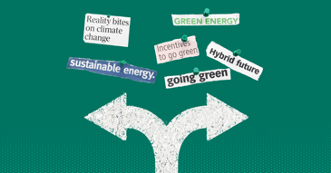 Headlines about sustainable energy on a green background.