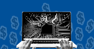 An open computer on a blue background with dollar signs.