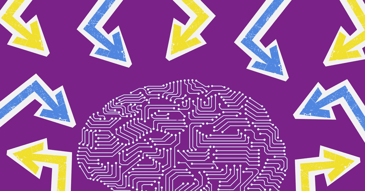 A brain surrounded by arrows on a purple background.