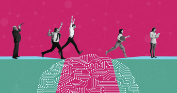 Five people standing and running against a pink background.