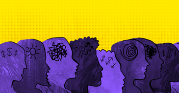A row of purple stylized heads on a yellow background.
