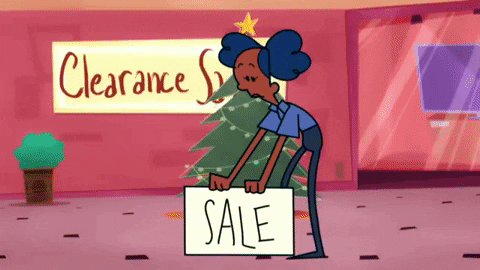 A cartoon woman putting up a sign that says 'sale' in front of a Christmas tree