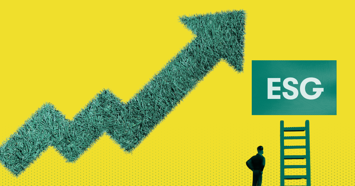A green arrow pointing upwards next to the word 'ESG' on a yellow background.
