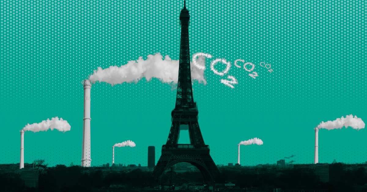 The Eiffel Tower surrounded by smokestacks on a green background.
