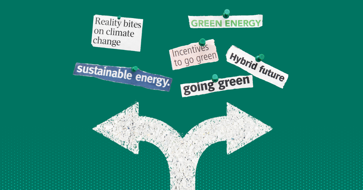Headlines about sustainable energy on a green background.