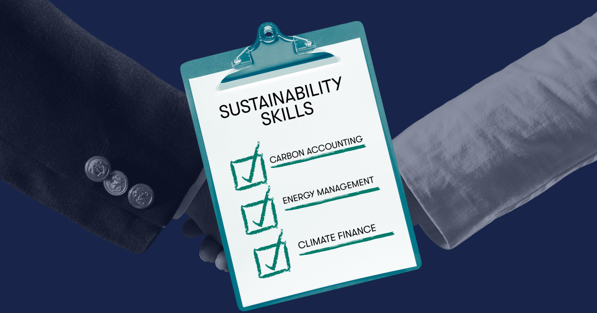 Sustainability Skills checklist over two hands shaking on a blue background. 
