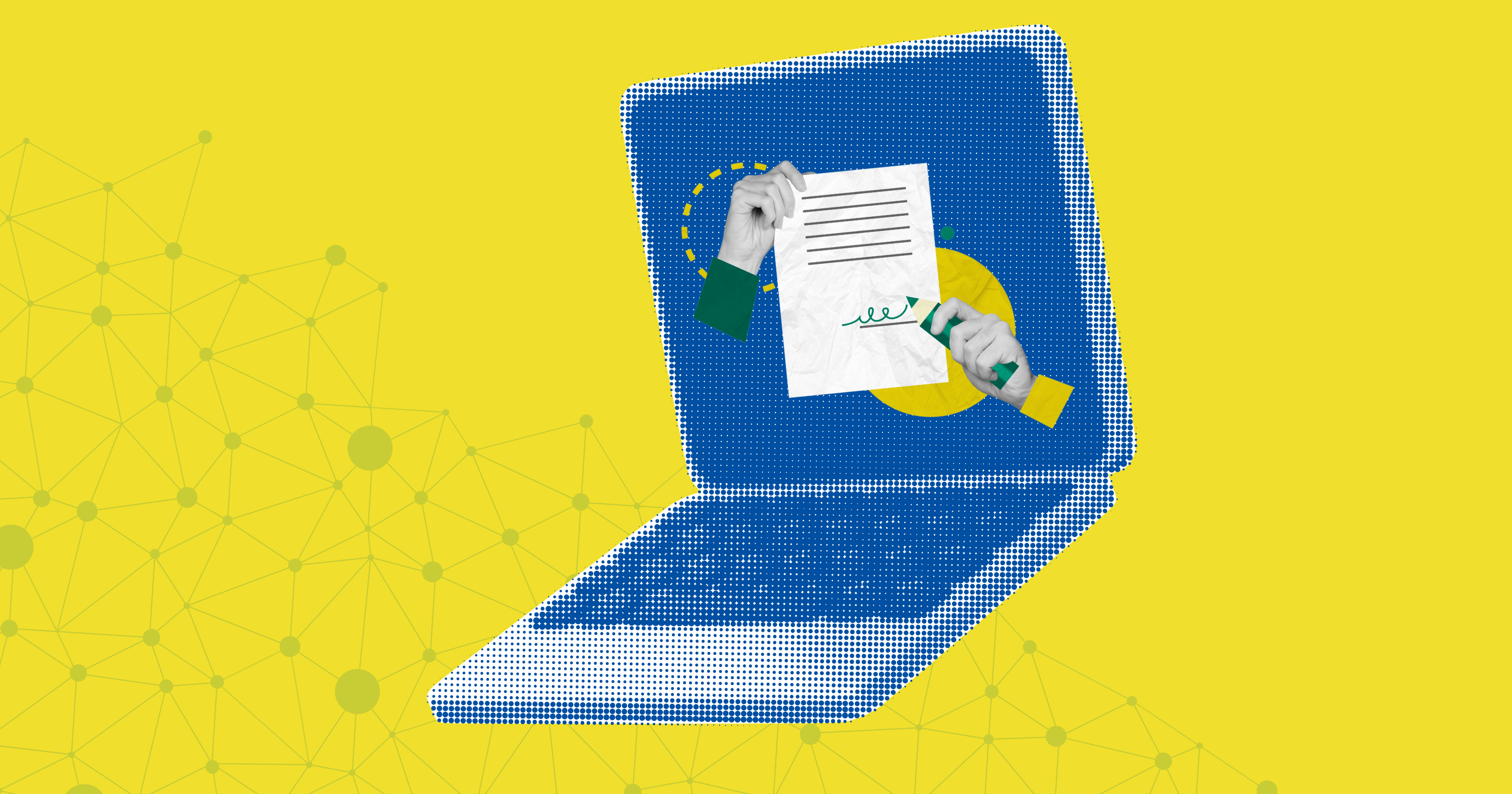A laptop with a document on the screen on a yellow background.