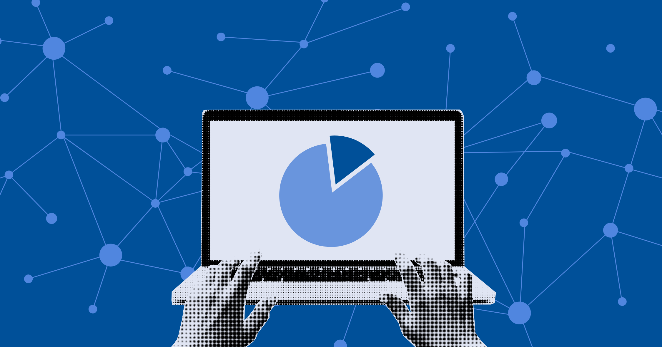 A computer with a pie chart on the screen against the blue background.