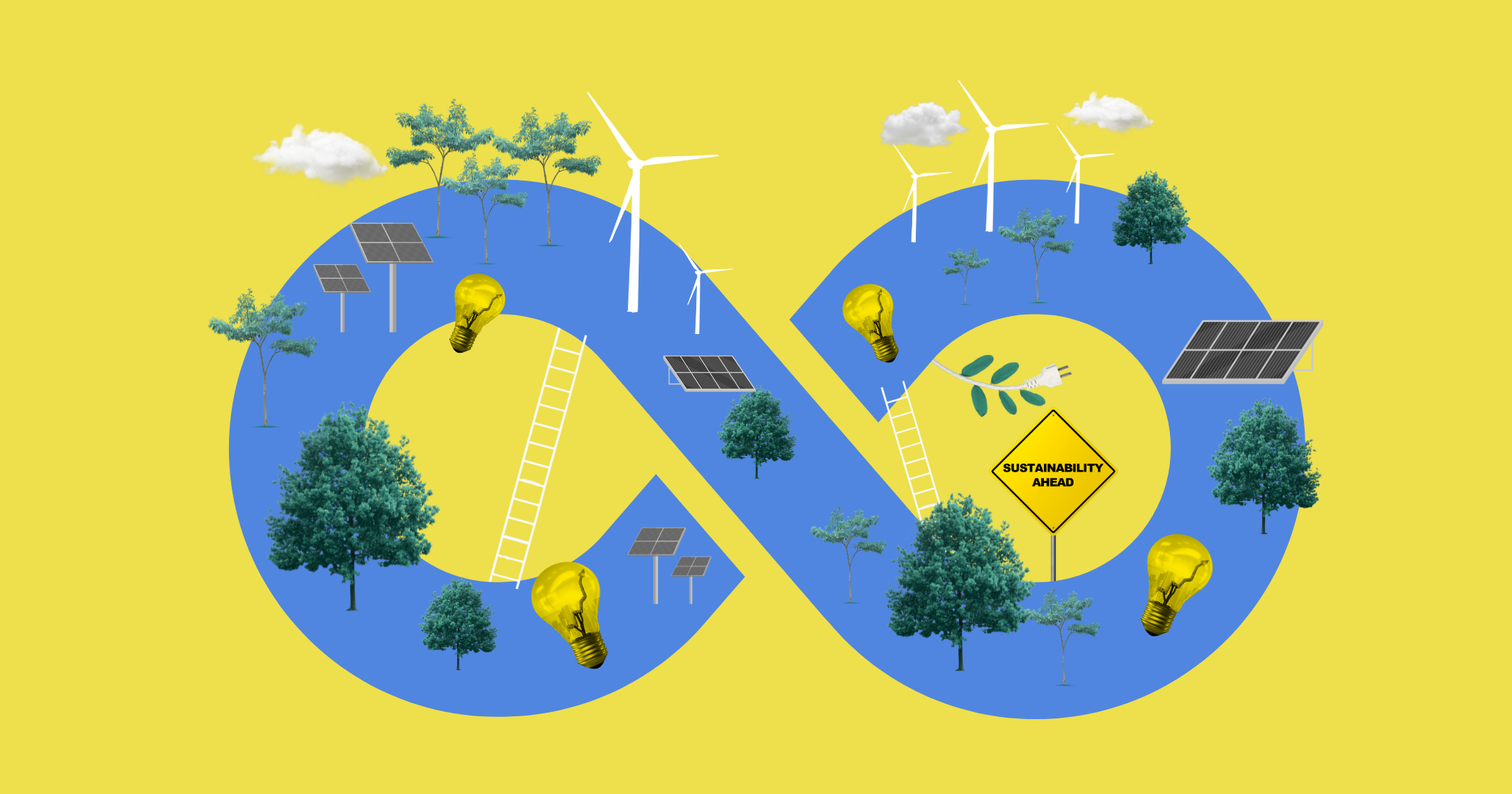 A blue infinity sign with trees, lightbulbs, and renewable energy technology on a yellow background.