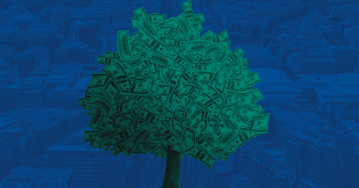 A tree with dollar bills for leaves on a blue background.