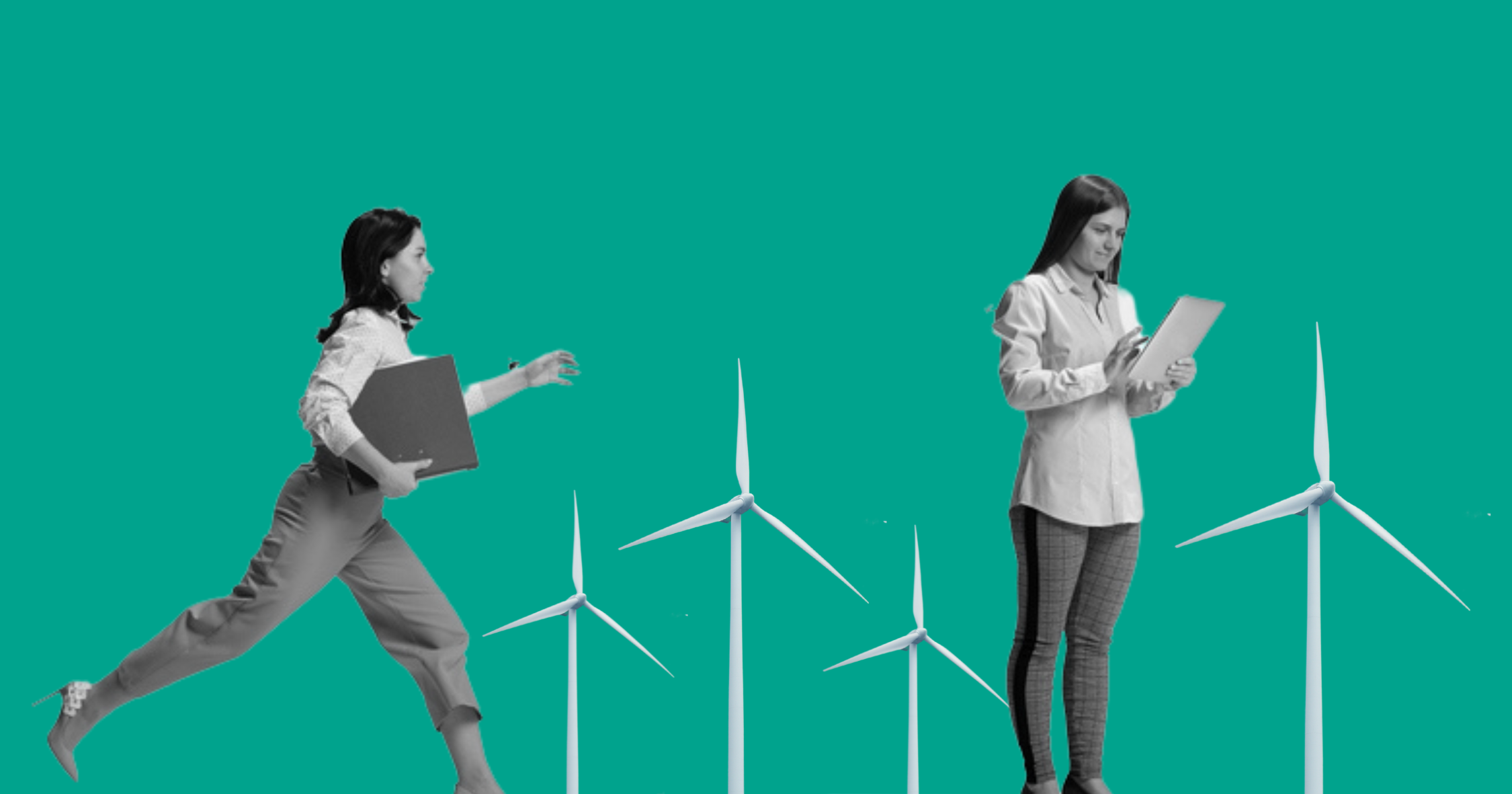 Two women and four wind turbines on a green background.