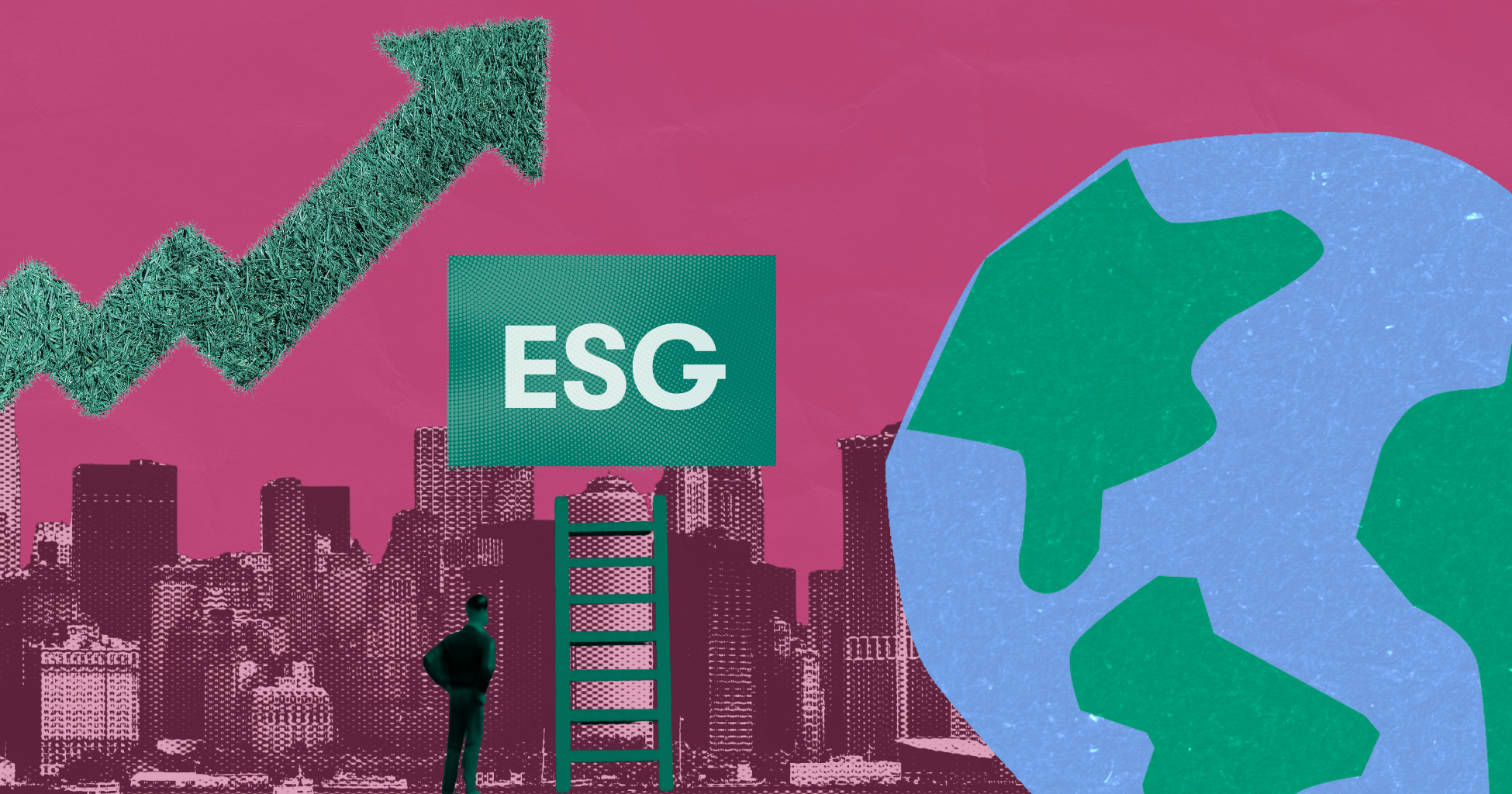 The word ESG and an image of Earth on a pink background.
