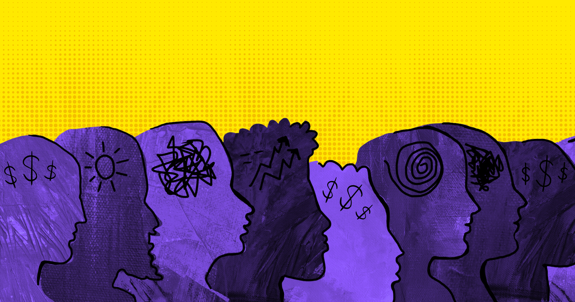 A row of purple stylized heads on a yellow background.