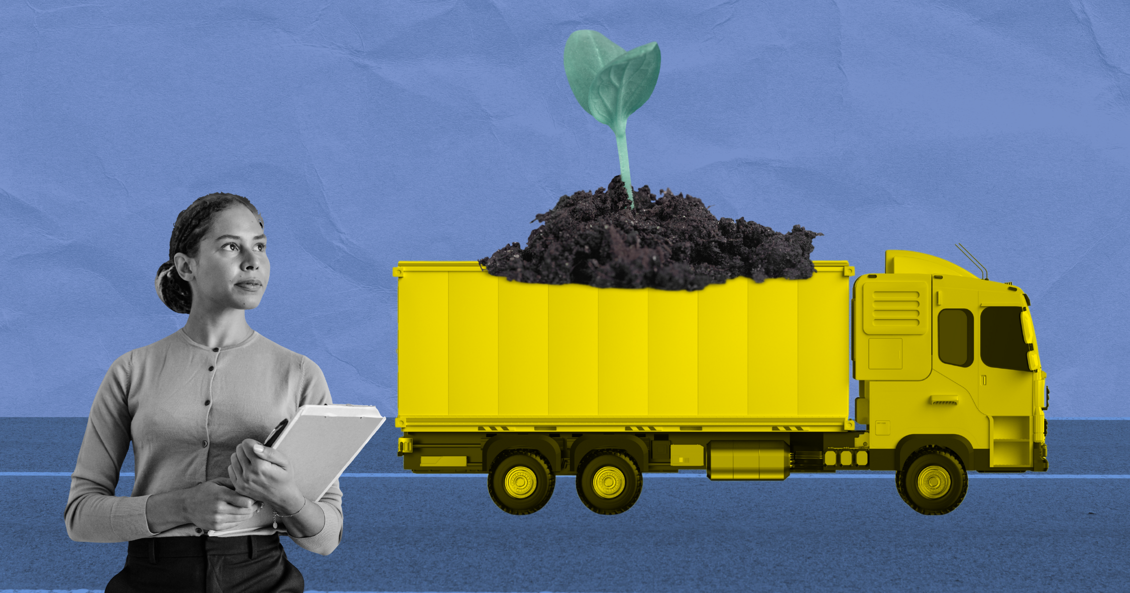 A woman and a garbage truck with a plant growing on top of it against a blue background.
