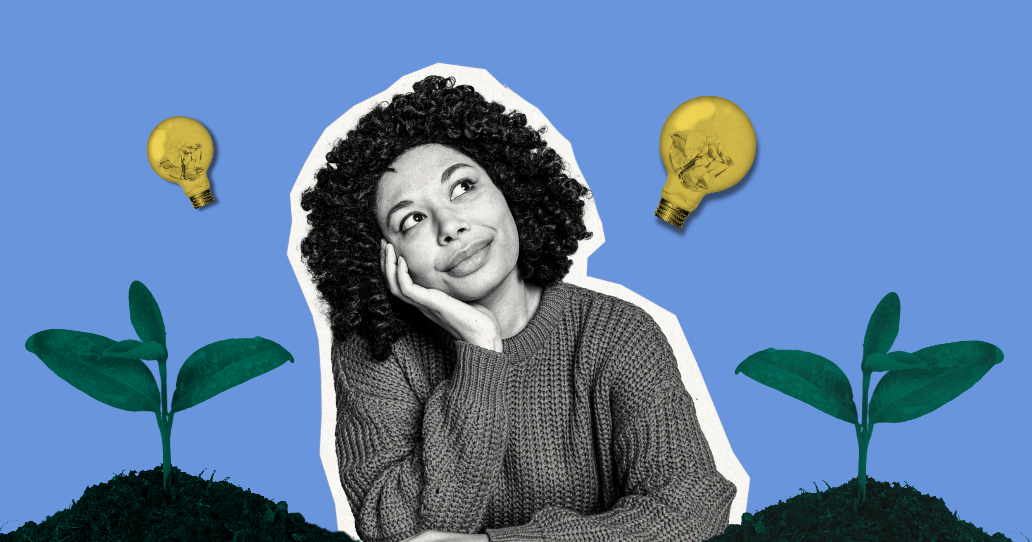 A woman surrounded by lightbulbs and plant sprouts on a blue background.